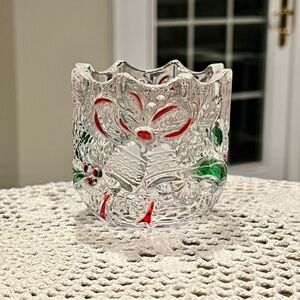 Mikasa Holiday Bells Crystal Votive Candle Holder Frosted Bells Ribbons Holly